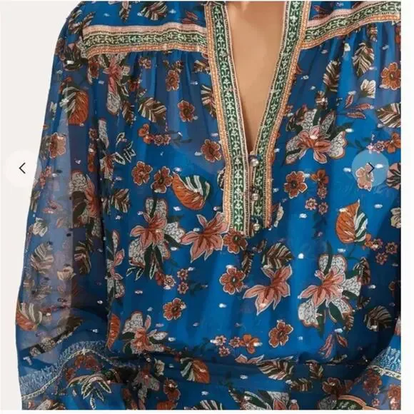 Veronica Beard Sama Silk Maxi Dress 4 Paisley Floral Blue Boho Romantic Western - Picture 4 of 11